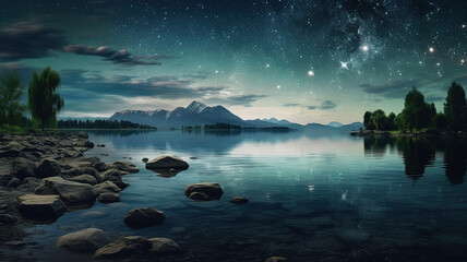 Peaceful Night by the Lake with Starry Sky