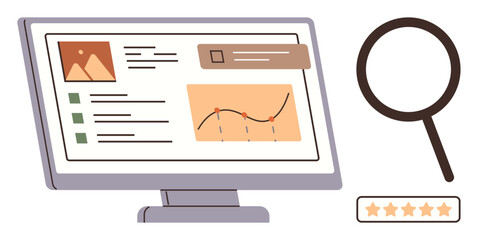 Computer monitor displaying analytics chart, image, list, and notification. Magnifying glass and star rating symbolize data review, evaluation, monitoring. Ideal for business, research performance