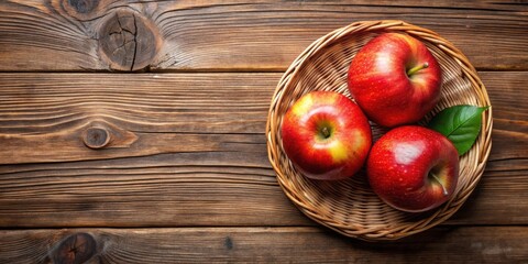 Top view of two ripe red apples in a basket on a wooden table, wood, fruit bowl,  wood, fruit bowl, nature, kitchen, autumn