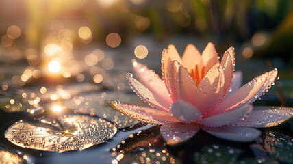 a delicate pink lotus flower, emerging from the still waters of a pond. Tranquil Reflection of a Lotus Bloom
