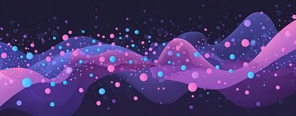 A flowing abstract design featuring translucent, layered waves with scattered spherical light effects