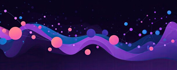 Abstract digital art of flowing, layered waves and spheres in shades of purple, blue, and pink