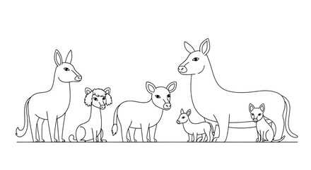 Line drawing featuring various animals, including a donkey, dog, and deer, standing together.
