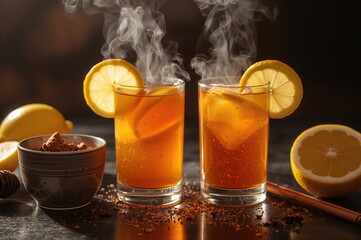 Fototapeta premium Two Cups of Hot Lemon Tea with Spices to Warm You Up on a Chilly Day