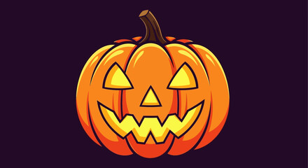 Cartoon illustration of a grinning jack-o'-lantern with glowing eyes and mouth on a dark purple background.