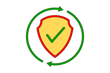 Yellow shield with green checkmark and circular arrows, isolated on transparent background