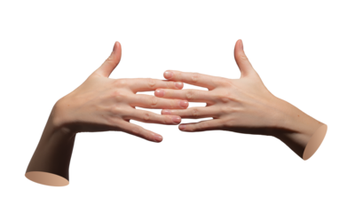 Two female hands reaching toward each other with extended fingers, almost touching, creating a sense