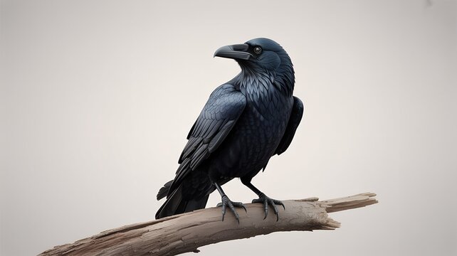 Majestic Black Raven Perched on Dry Branch Against Light Background, Wildlife and Nature Photography. - Powered by Adobe