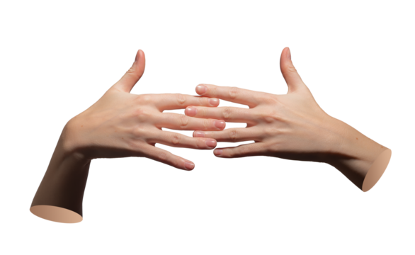 Two female hands reaching toward each other with extended fingers, almost touching, creating a sense