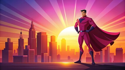 A cartoon superhero standing heroically on a bright pink background with a cityscape at sunset, superhero logo, cartoon style