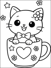 This charming illustration showcases a playful kitten peeking out of a decorative cup, complete with a bow tie and a flower.