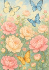 Delicate butterflies amidst blooming peonies.