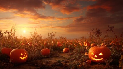 Harvest Scene with Carved Pumpkins in a Field at Sunset Featuring Vibrant Colors and Atmospheric Clouds