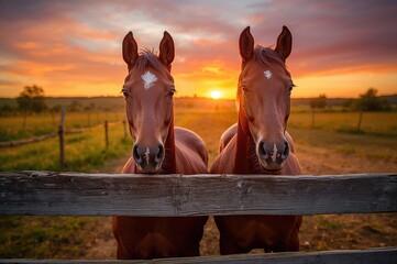 Two elegant chestnut horses gaze thoughtfully over a wooden fence at dusk on a ranch.