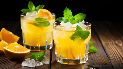 Chilled Orange Drink with Mint on Wooden Table