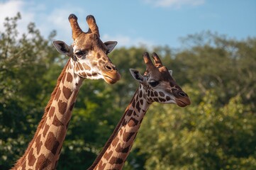 Obraz premium Two giraffes patiently waiting to be fed in captivity.