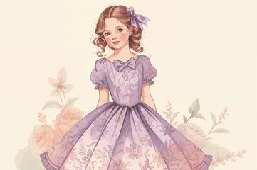 Fototapeta premium Retro-style lilac dress with a bow for a young girl