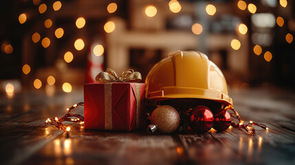 Orange construction helmet and Christmas ornaments decorating a wooden table with a pine tree, celebrating the holiday season amidst a bokeh of festive lights. Banner, copy space
