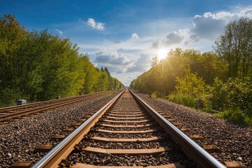 Fototapeta premium Railway lines surrounded by lush greenery under a bright sky with sunlight glimmering, symbolizing travel and movement in warm seasons.