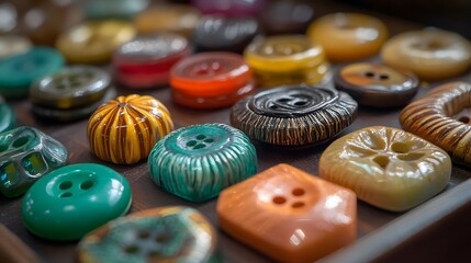 Vibrant assortment of vintage sewing buttons on a wooden surface