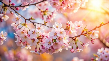 Obraz premium Warm sunlight filters through blooming cherry blossoms as a gentle breeze rustles their delicate petals in early spring, spring
