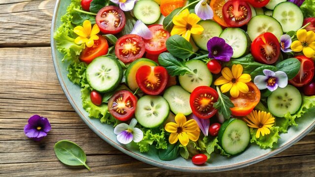 Mixed green salad with cherry tomatoes and cucumbers, colorful salad - Powered by Adobe