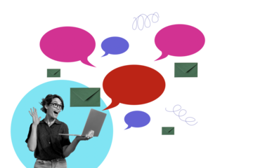 Composite trend artwork sketch collage of copyspace miniature speech cloud textbox envelope message young lady hi gesture laptop student