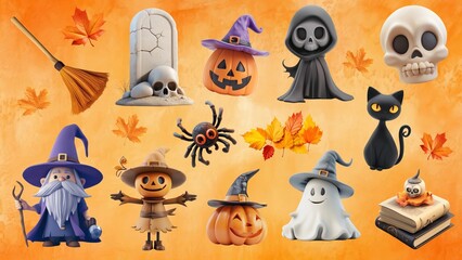 Cute 3D Halloween night element set