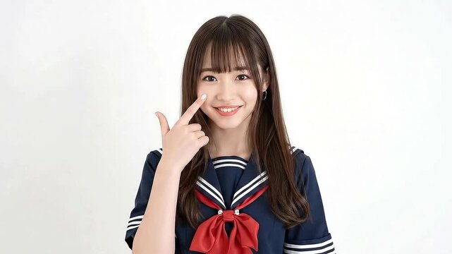 Cute Japanese girl in school uniform pointing her face. Isolated on white background.