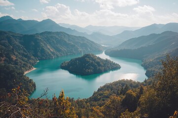 Fototapeta premium Morning scenery of a serene mountain lake perfect for nature-themed wallpapers and backgrounds, featuring water, trees, and autumn forest landscapes