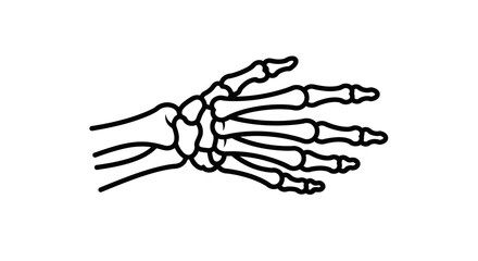 A detailed black and white illustration of a human hand skeleton, showing bones.