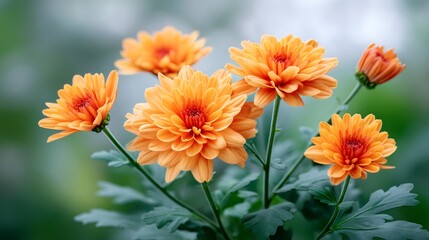 Orange chrysanthemum flowers blooming in a green garden