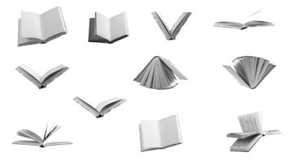Collection of open books arranged in different dynamic positions on a white background. The pages