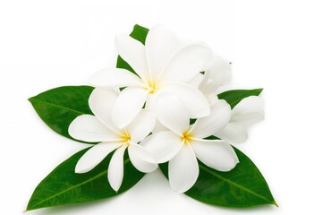 Fototapeta premium Isolated white Plumeria blossoms with green foliage on a plain white backdrop for decorative and card use