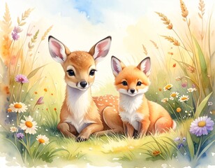 Fototapeta premium Ein junges Rehkitz und ein Fuchsbaby 