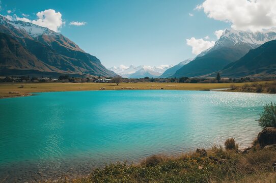 Scenic panorama of a mountain lake and its natural environment with fields and sheep