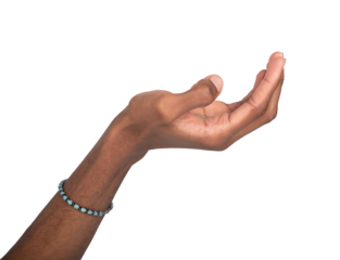 Side view of an open hand raised in a gesture of receiving or offering. The wrist is adorned with a