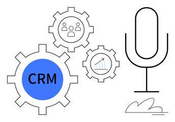Gear with CRM label, voice input icon, user group, and data graph visualizing automation. Ideal for customer management, voice technology, digital tools, teamwork, analytics business growth simple