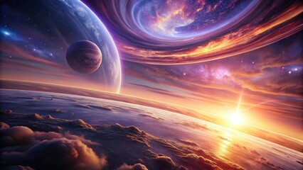 Planet with swirling purple skies at sunset, cosmic beauty, space scenery
