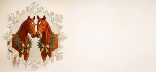 A red horse in a large decorative shining crystal snowflake on a bright New Year's background, greeting card with the symbol of the year 2026