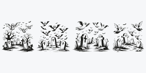 graveyard with ghosts sketch illustration vector set