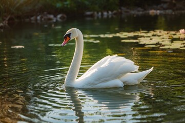 Naklejka premium A pale swan glides across a natural water body.