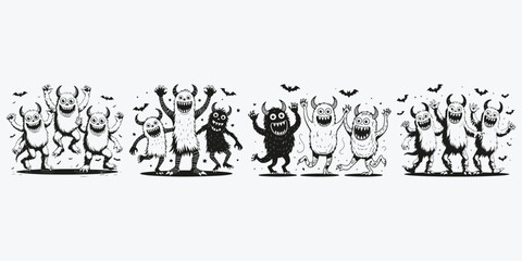 monsters dancing for halloween sketch illustration vector set