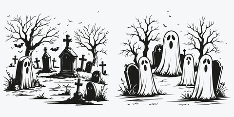 graveyard with ghosts sketch illustration vector set