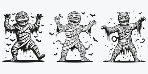 mummy monster dancing halloween sketch illustration vector set