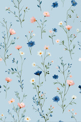 Floral pattern with delicate flowers on a light blue background