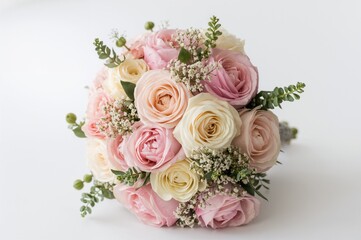 Obraz premium Bright wedding flower arrangement on a plain white backdrop