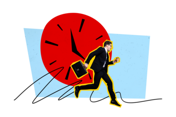 Composite trend artwork sketch image collage of trader young man business worker hand hold suitcase run hurry deadline clock time late