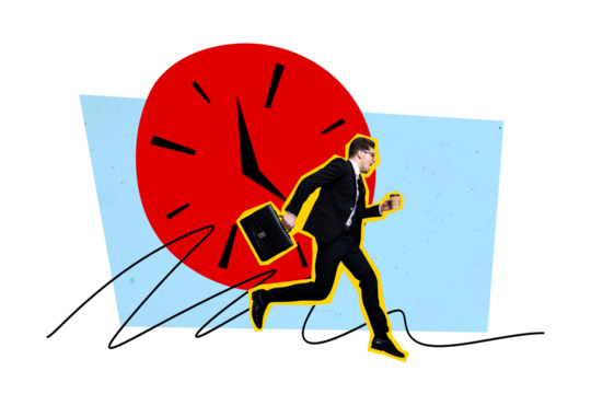 Composite trend artwork sketch image collage of trader young man business worker hand hold suitcase run hurry deadline clock time late