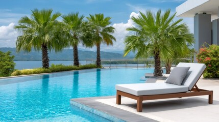 Obraz premium Resort infinity pool with palm trees overlooking mountains